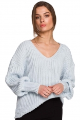 Sweter V- Neck z Szerokim Ściągaczem - Błękitny
