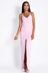 Różowa  Elegancka Maxi Sukienka na cienkich Ramiączkach