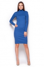 Niebieska Casualowa  Prążkowana Sukienka z Golfem