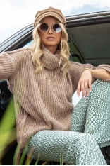 Luźny Prążkowany Sweter z Golfem - Latte