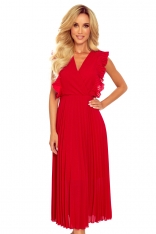 Kopertowa Sukienka Midi z Plisowanym Dołem - Czerwona