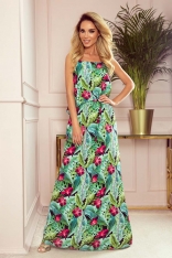 Długa Sukienka na Ramiączkach z Florystycznym Motywem - Zielony