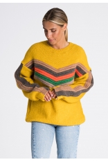 Musztardowy Nowoczesny Oversizowy Sweter w Paski