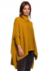 Asymetryczny Sweter-Ponczo z Golfem - Miodowy