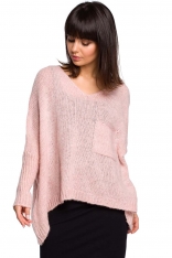 Różowy Asymetryczny Oversizowy Sweter z Kieszonką