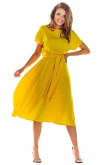 Żółta Rozkloszowana Midi Sukienka z Krótkim Kimonowym Rękawem