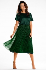 Zielona Rozkloszowana Sukienka Midi z Siatkowym Dolem