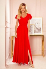 Długa Sukienka z Falbankami na Ramionach - Czerwona