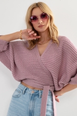 Kopertowy Sweter z Wiązaniem w Pasie - Różowy
