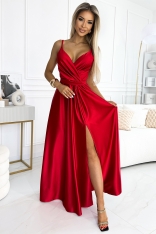 Satynowa Sukienka z Dekoltem i Rozcięciem - Czerwona