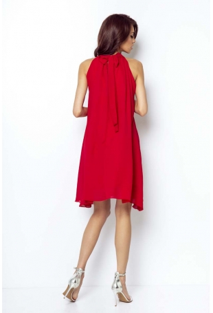 Czerwona Zwiewna Koktajlowa Sukienka z Dekoltem Halter na Stójce