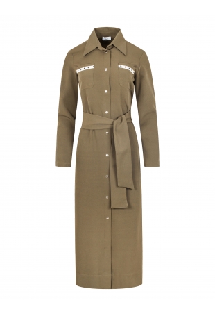 Khaki Długa Koszulowa Sukienka z Militarnym Akcentem