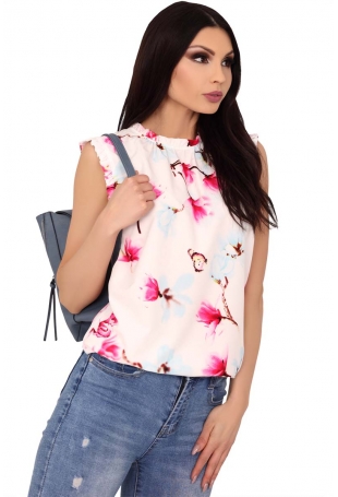 Biała Letnia Bluzka z Kwiatowym Motywem z Falbankami