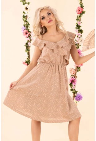 Rozkloszowana Sukienka w Drobne Groszki z Falbankami - Beżowa