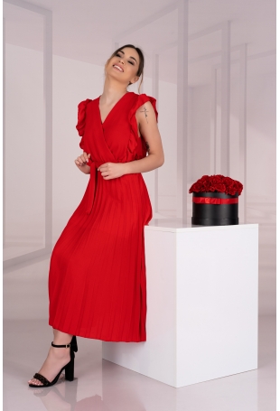 Elegancka Plisowana Sukienka z Kopertowym Dekoltem - Czerwona