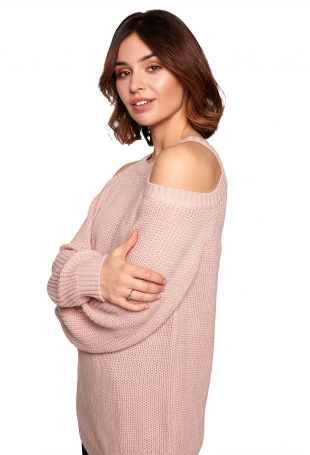 Luźny Sweter z Wycięciami na Ramionach - Różowy