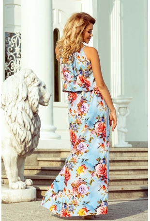 Błękitna Maxi Sukienka Wiązana na Szyi w Kwiaty