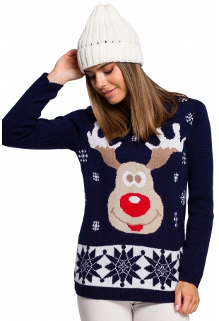 Granatowy Świąteczny Sweter z Reniferem