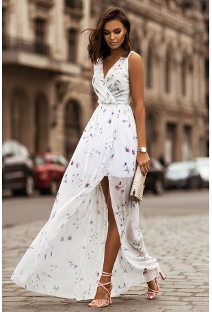 Długa Suknia Szyfonowa z Dekoltem V - Biała