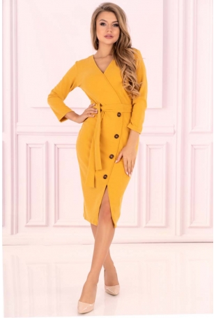 Żółta Prosta Kopertowa Sukienka z Guzikami