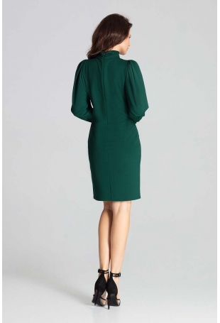 Zielona Dopasowana Sukienka z Długim Bufiastym Rękawem 
