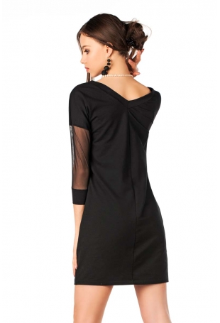 Czarna Dopasowana Sukienka z Transparentnym Rękawem 3/4