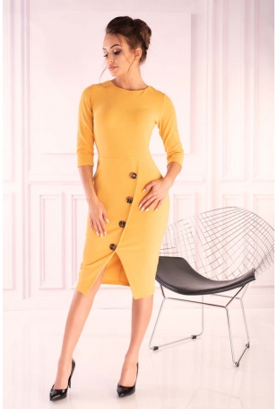 Żółta Dzianinowa Dopasowana Sukienka z Guzikami