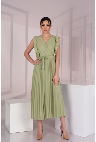 Elegancka Plisowana Sukienka z Kopertowym Dekoltem - Oliwkowa
