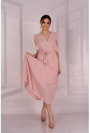 Elegancka Plisowana Sukienka z Kopertowym Dekoltem - Różowa