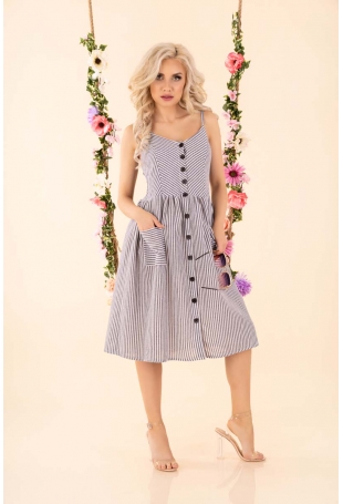 Rozkloszowana Sukienka w Paski - Szara