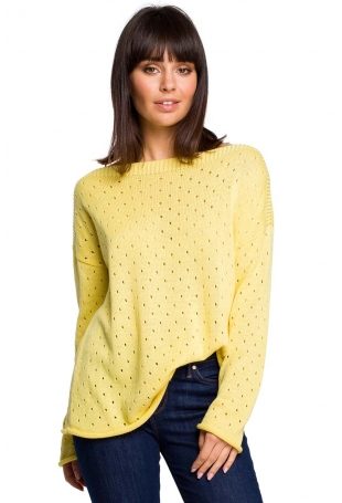 Żółty Luźny Ażurowy Sweter