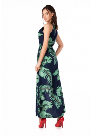 Długa Sukienka bez Rękawów z Tropikalnym Nadrukiem