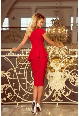Ołówkowa Sukienka Midi z Asymetryczną Baskinką - Czerwona