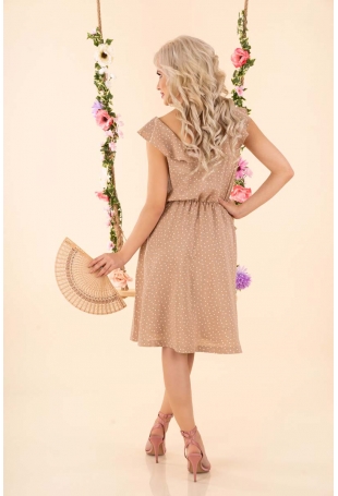 Rozkloszowana Sukienka w Drobne Groszki z Falbankami - Beżowa