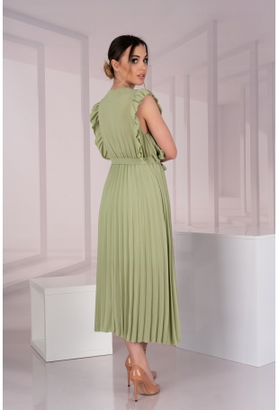 Elegancka Plisowana Sukienka z Kopertowym Dekoltem - Oliwkowa
