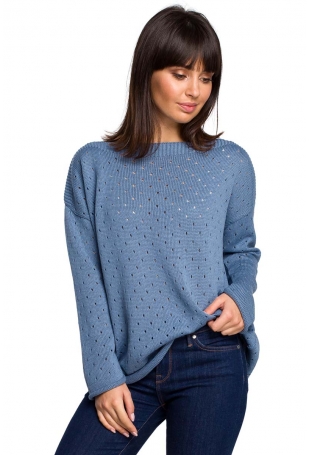 Niebieski Luźny Ażurowy Sweter