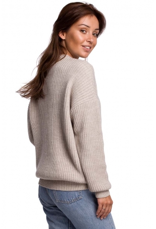 Sweter Oversize o Przedłużonym Kroju - Beżowy