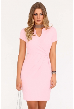 Różowa Wizytowa Sukienka z Krótkim Rękawem