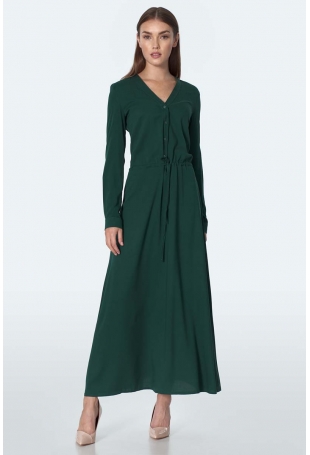 Zielona Sukienka Maxi z Dekoltem V Zapinanym na Guziki