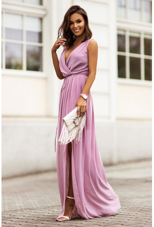 Długa Suknia Szyfonowa z Dekoltem V - Wrzosowa