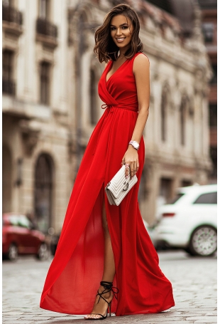 Długa Suknia Szyfonowa z Dekoltem V - Czerwona