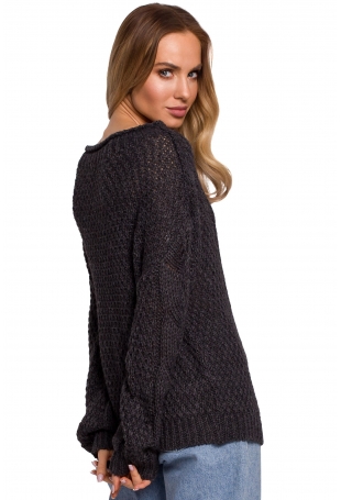 Sweter Oversize z Ażurowym Wzorem - Grafitowy