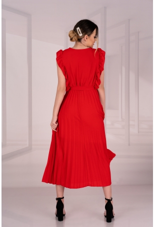 Elegancka Plisowana Sukienka z Kopertowym Dekoltem - Czerwona