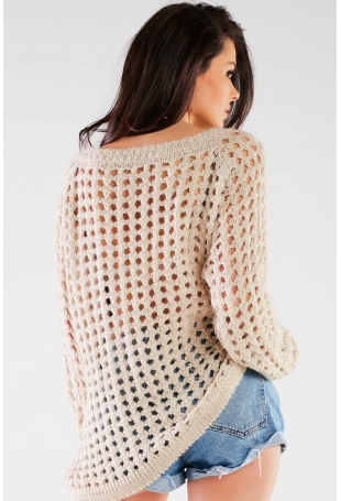 Oversizowy Sweter w Ażurowy Wzór - Beżowy