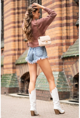 Krótki Półgolf z Cekinami i Błyszczącą Nitką - Kamelowy