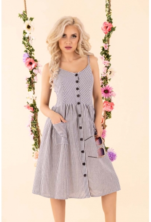 Rozkloszowana Sukienka w Paski - Szara