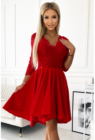 Czerwona Wieczorowa Asymetryczna Sukienka z Koronką