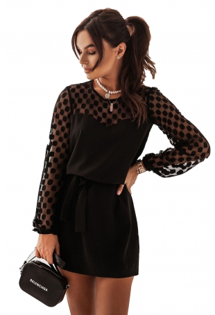 Sukienka z Bufiastym Rękawem z Siateczki  w Grochy