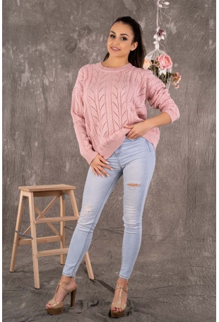 Ażurowy Sweter z Warkoczami - Pudrowy