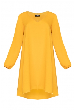 Żółta Sukienka Trapezowa z Długim Rękawem